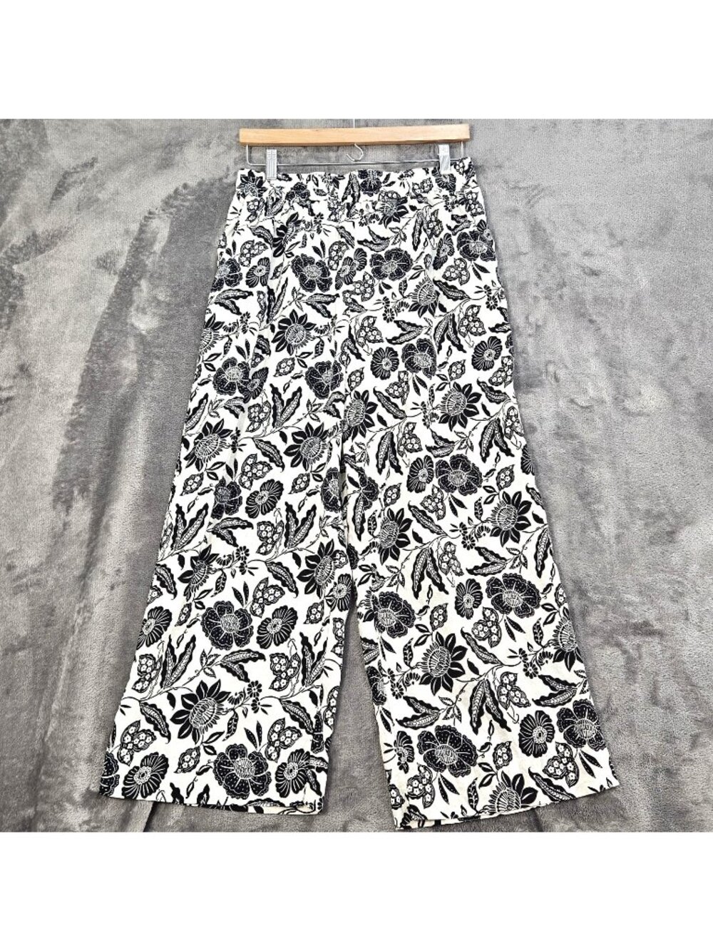 Christian Siriano Linen Blend Pants XL Wide Leg Floral Print Black Cream Palazzo